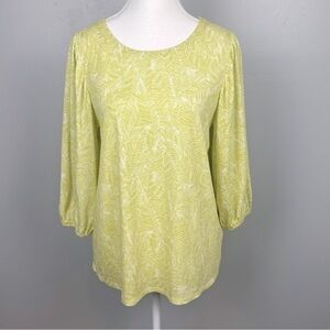 J.Jill linen viscose green abstract palm leaf print balloon sleeve top, small.